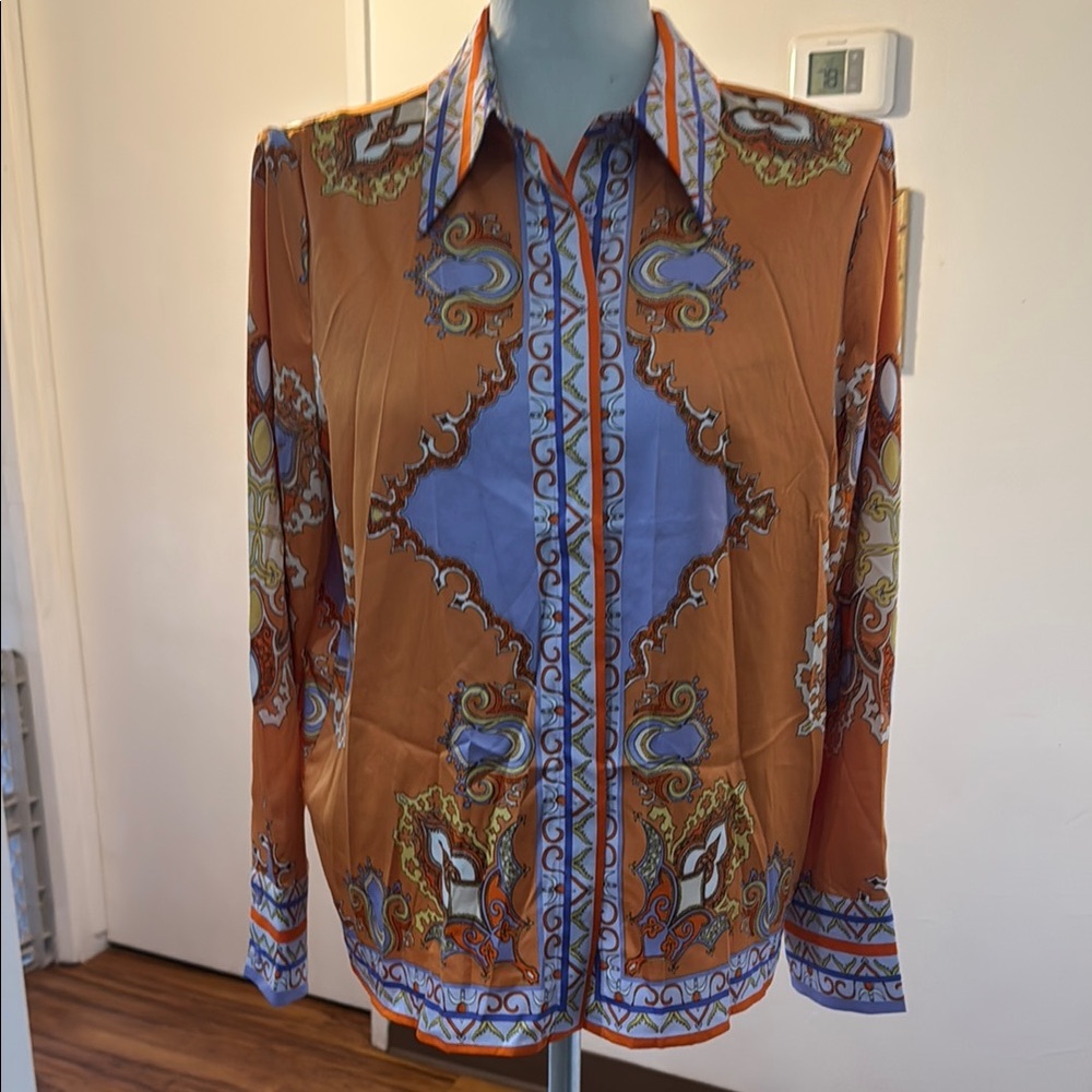 Rachel Zoe Orange and Blue Ornate Pattern Shirt